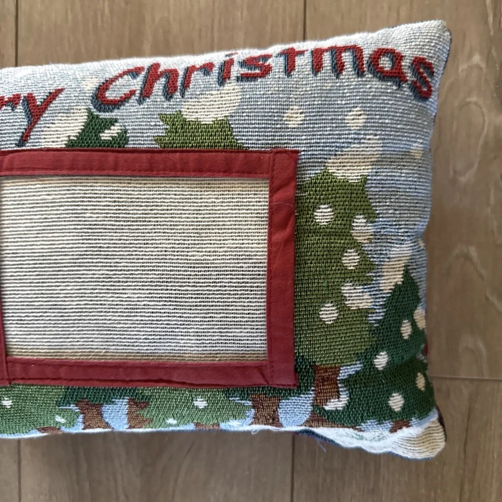 Christmas Tapestry Santa‎ Pillow Merry Christmas With Photo Slot Red Back